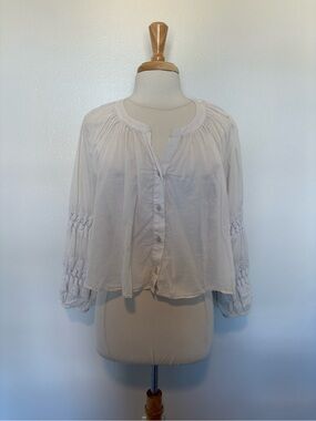 Aerie Peasant Crochet Balloon Sleeve Button-Up Crop Swing Shirt Prairie White
